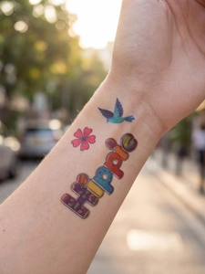 Détail des tatouages éphémères style Hawaï avec oiseau bleu et fleur rose sur le bras