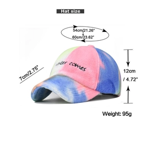 Detailed view of tie-dye lamb wool baseball cap with dimensions and sizing parameters