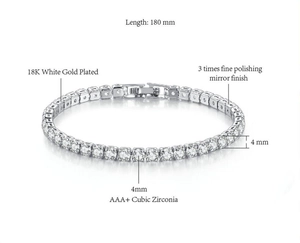 Detail view of 18K white gold plated tennis bracelet with 4mm AAA+ cubic zirconia stones