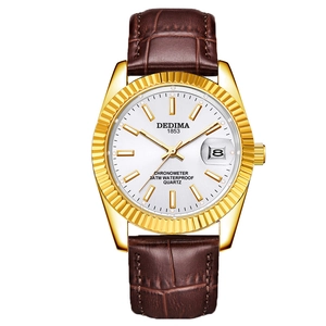 Men's quartz watch with gold fluted bezel, white dial, and brown crocodile leather strap