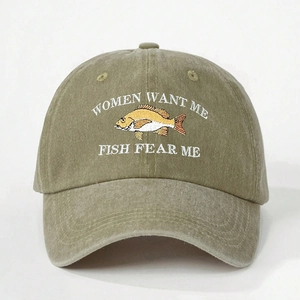 Olive green washed cotton baseball cap with embroidered Fish Fear Me fish graphic
