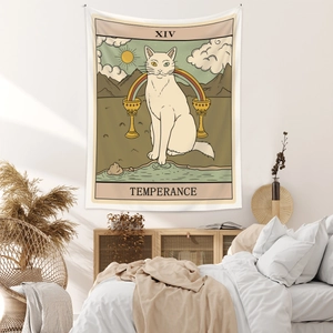 Detailed view of Temperance Tarot cat tapestry hanging in a cozy bedroom setting