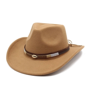 Khaki wool felt wide brim cowboy hat with bohemian shell strap shown at a 45-degree angle