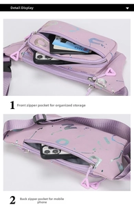 Detail view of purple waterproof waist bag with colorful abstract letter textures