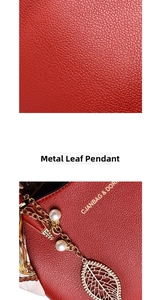 Close-up of red litchi grain leather texture and elegant gold metal leaf pendant