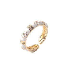 Adjustable 18K gold plated flower enamel ring with white petals and zircon inlay