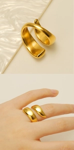 Detail of minimalist 18k gold plated double-layer adjustable geometric ring