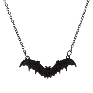 Gothic punk black bat pendant necklace with wings spread on a minimalist metal chain