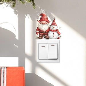 Christmas switch wall sticker featuring cute Santa gnome and snowman with red striped scarf