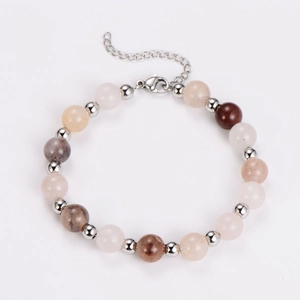 Detailed shot of agate beaded bracelet with adjustable silver lobster clasp on white background