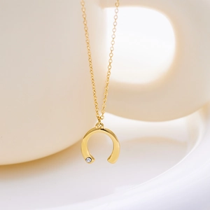 Détail du collier pendentif fer à cheval doré avec zircon sur une tasse en céramique