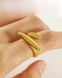 Detail of 18k gold plated stainless steel ring with irregular geometric design on finger