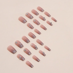 Short ballet coffin fake nails with glitter gradient and tiny rhinestone accents
