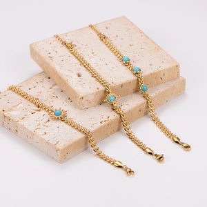 Vintage Wheat Leaf Link Bracelet 304 Stainless Steel Gold Plated With Turquoise Sun Charm Bohemian Fashion Jewelry