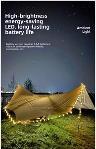 Detail of warm LED camping string lights with battery and USB power options