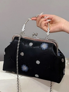 Retro Women Floral Embroidered Kiss Lock Evening Bag Metal Handle Chain Shoulder Crossbody Handbag Party Style