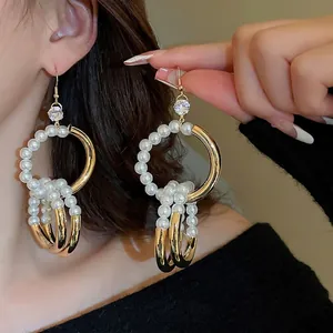Tropfenohrringe Kupfer Mit Kunstperle Und Zirkon Ineinandergreifende Geometrische Kreise Retro Stil Stahl Ohrringpfosten