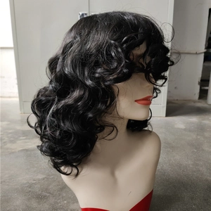 Women's black medium-length curly wig with loose waves on a mannequin side view