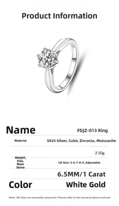 Detailed specifications for S925 sterling silver 1ct moissanite ring with 6-prong setting