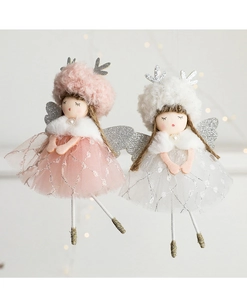 Close-up of angel girl ornaments with mesh skirts, plush hats, and glittery deer antlers