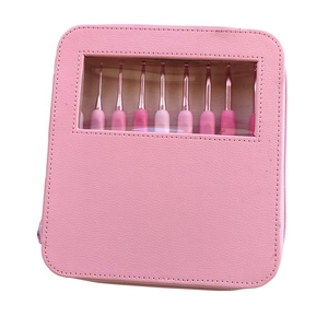 Pink PU crochet hook set in a square organizer case with transparent window and zipper