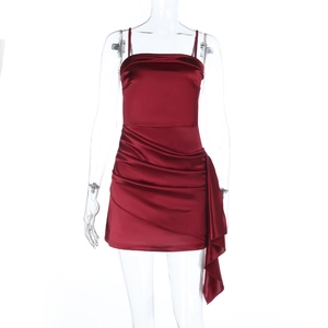 Sleeveless burgundy satin mini dress with elegant side ruching and delicate spaghetti straps