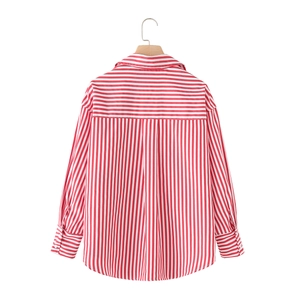 Detail view showing red and white striped poplin shirt back with horizontal yoke design