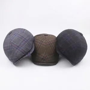 Vintage Plaid Newsboy Cap British Retro Flat Cap Warm Fleece Lined Cotton Polyester For Autumn Winter Adjustable
