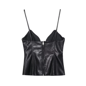 Damen Camisole Top aus schwarzem PU-Leder mit silbernem Reißverschluss hinten