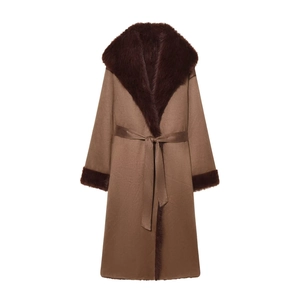 Slim fit brown wool coat with large faux fur collar and adjustable waist belt