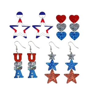 Patriotic Independence Day Dangle Earrings Red White Blue USA Letter Star Heart Acrylic Glitter Jewelry For Women