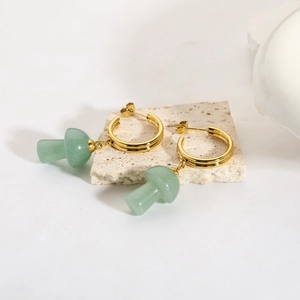 French style 18K gold C-shaped earrings with green stone mushroom charms on stone