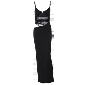 Detail view of black slim fit dress with sexy mesh cutouts on the waistline