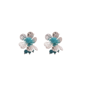 Flower pearl opal tassel earring set with silver petals and turquoise beads on white