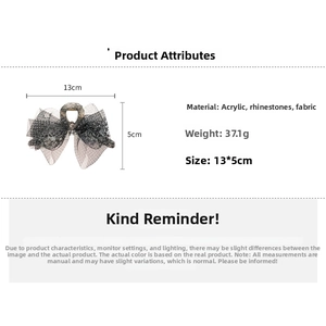 Detail view showing dimensions of black polka dot mesh bow hair claw clip with rhinestones
