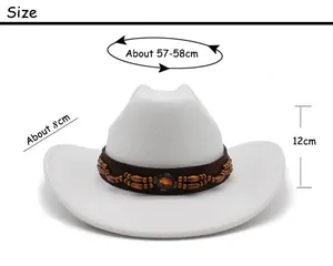 Size chart showing 57-58cm head circumference and 8cm brim for the white wool cowboy hat