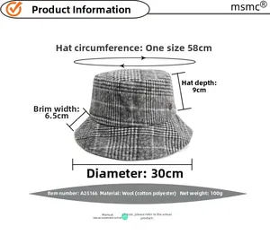 Comprehensive size specifications and material details for retro plaid woolen bucket hat