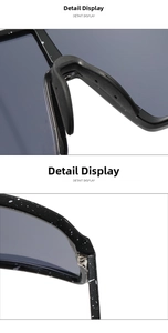 Detail view of sports sunglasses featuring black ink splash frame and reinforced metal hinge