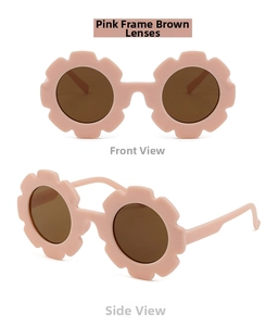 Detailed front and side views of pink flower shaped sunglasses with brown lenses for kids