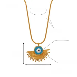 Detail view of gold titanium steel necklace with blue evil eye fan pendant and measurements