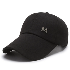 Men's black outdoor baseball cap with long brim and silver metal M logo for sun protection