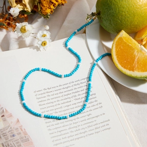 Blue and white beaded stainless steel necklace placed on an open book with dried flowers