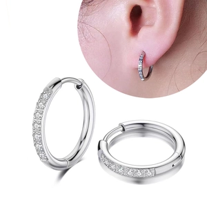 Silver stainless steel huggie earrings with cubic zirconia stones and 18K plating