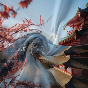 Detailed close-up showing Japanese Mount Fuji and cherry blossom print on tapestry fabric