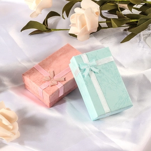 Cardboard Jewelry Gift Box Small Rectangular Ribbon Bow Design Sponge Insert For Ring Earring Pendant Necklace Storage