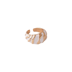 Vintage enamel croissant open ring in white and gold textured finish for women