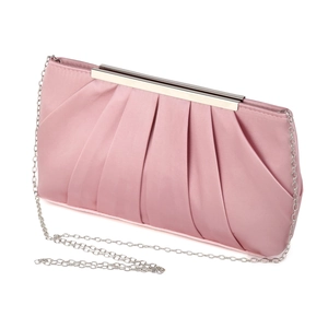 Detail of pink satin evening bag with vertical pleats and detachable silver chain strap