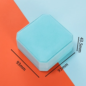 Detailed view of sky blue velvet octagonal jewelry box with 93mm x 43.5mm dimensions