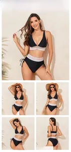 Bikini deux pièces en nylon noir avec bordures en tricot coloré et liens réglables
