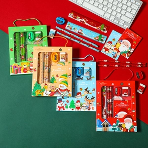 6-piece Christmas stationery gift sets with pencil, ruler and notebook in festive colors